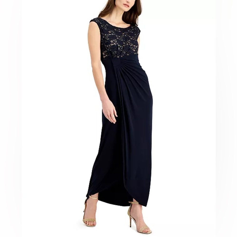 Connected Apparel Lace Faux Wrap Maxi Dress Navy Blue Formal Cocktail 10P NWT
